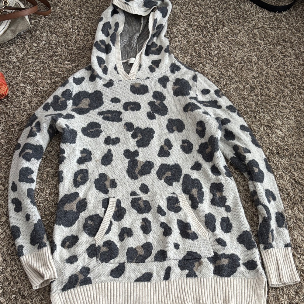 LOFT Gray and Black Leopard Print Hooded Sweater